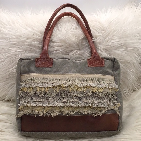 Mona B Handbags - Mona B Upcycle Taupe Canvas Fringe Shoulder Bag